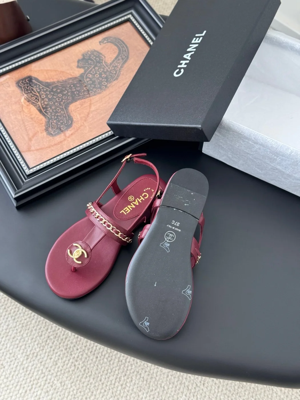Chanel Women Burgundy Leather Sandals product view 4