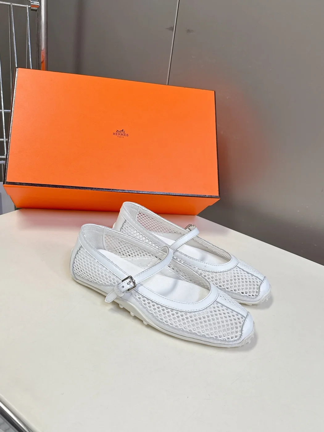 Hermès Women White Mesh Leather Mary Jane Flats product view 5
