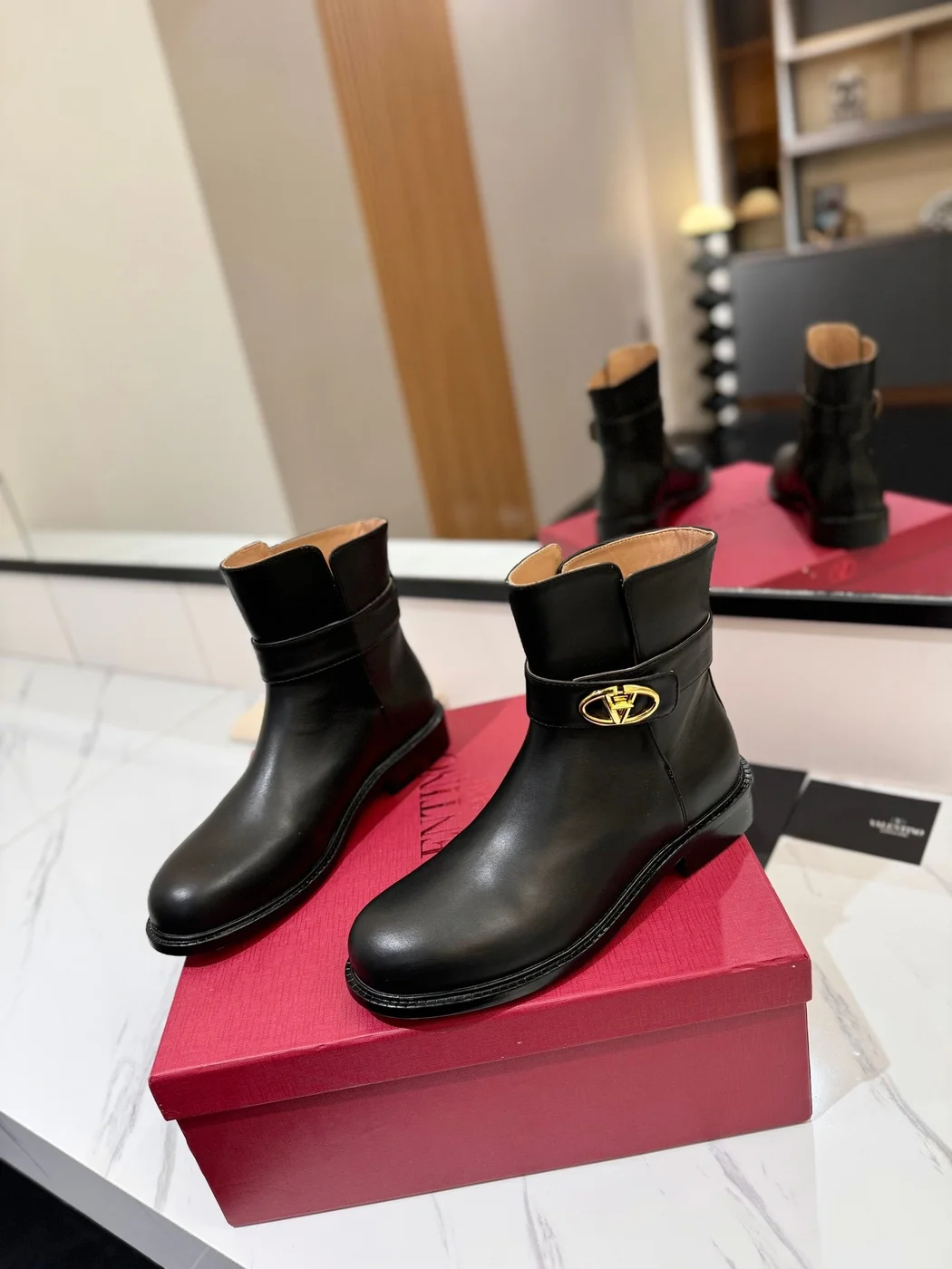 Valentino Women Black Leather Ankle Boots — Low-Heel Chain-Cuff Style product view 3