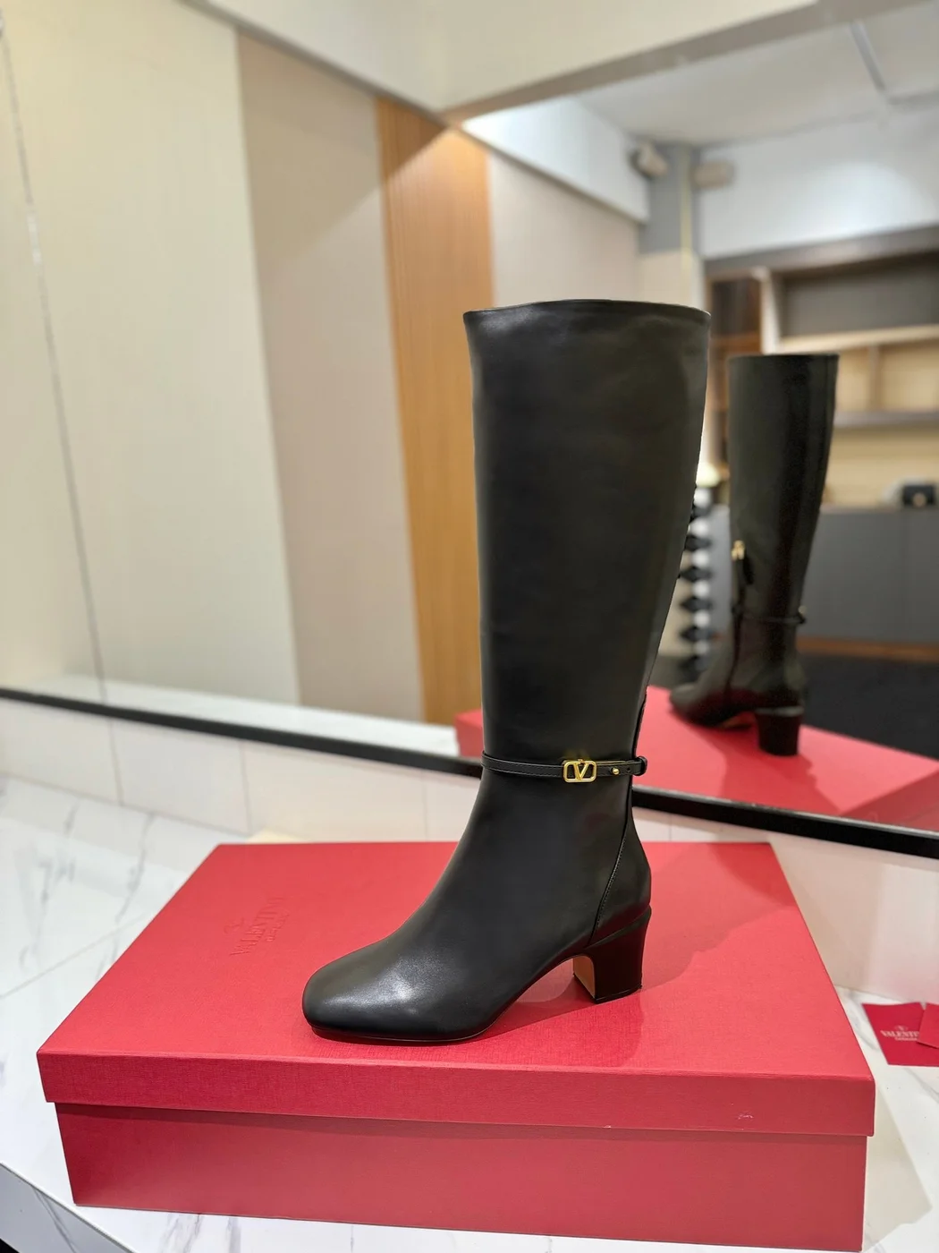 Valentino Women Black Leather Knee High Boots — Heeled Ankle-Strap Style product view 5