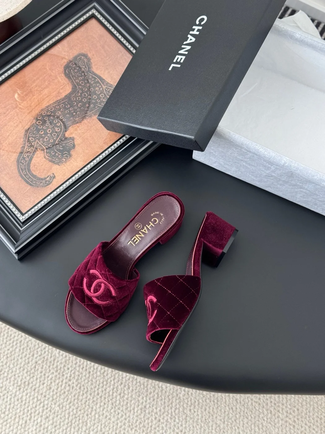 Chanel Women Burgundy Velvet Slide Sandals product view 3
