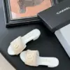 Chanel Women Woven-Fabric Slides — Beige with White Heeled Sole product view 6