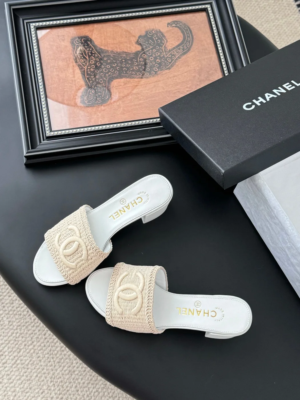 Chanel Women Woven-Fabric Slides — Beige with White Heeled Sole product view 6