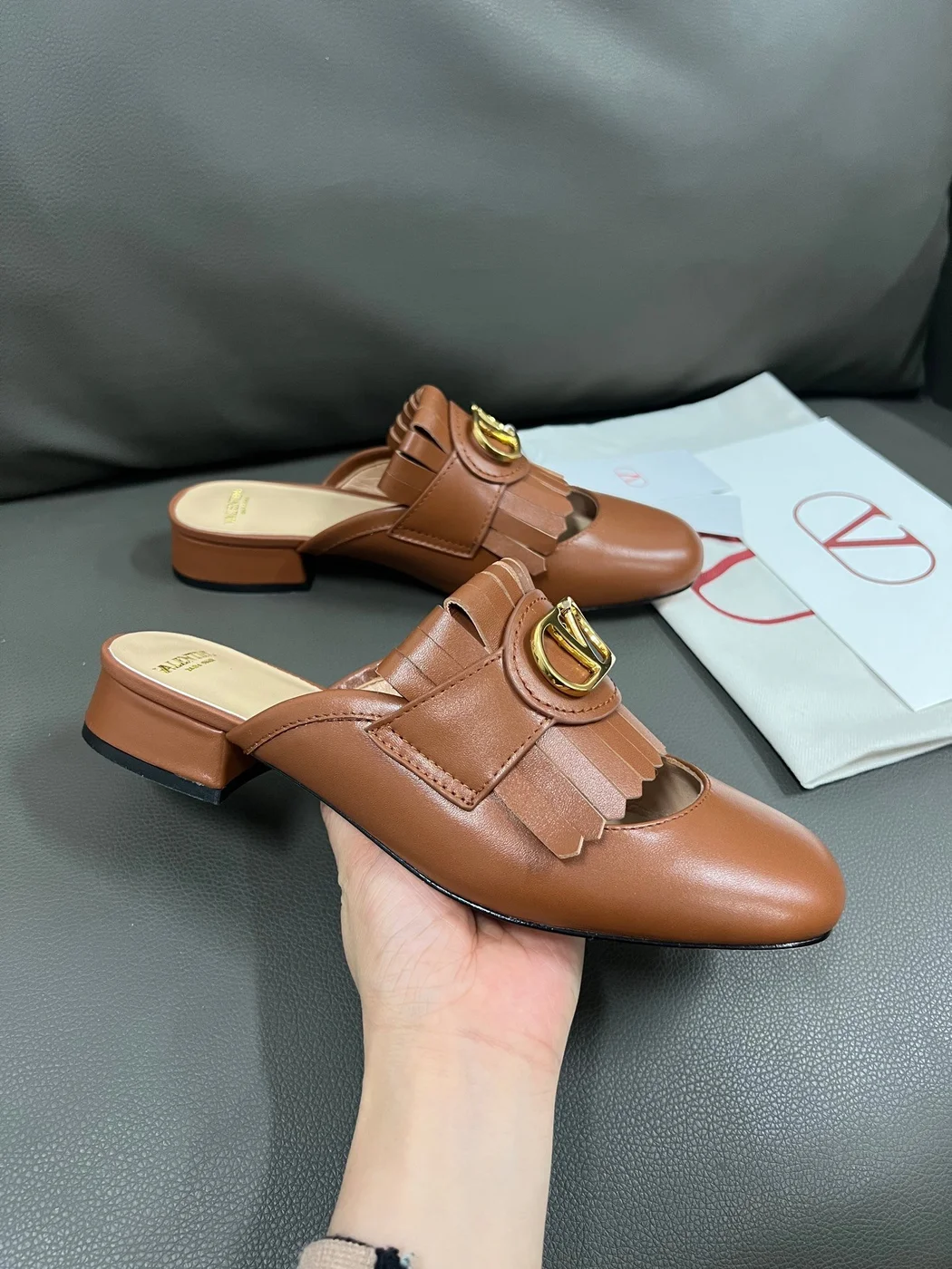 Valentino Women Brown Leather Fringe Mules product view 5