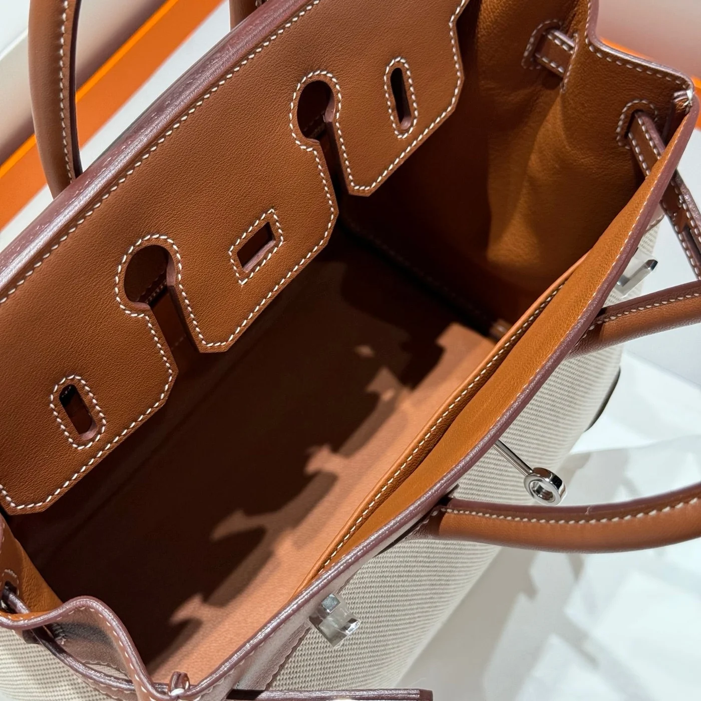 Hermès Birkin 25 cm In Veau Barenia Swift Ercu Toile Canvas Bag product view 8