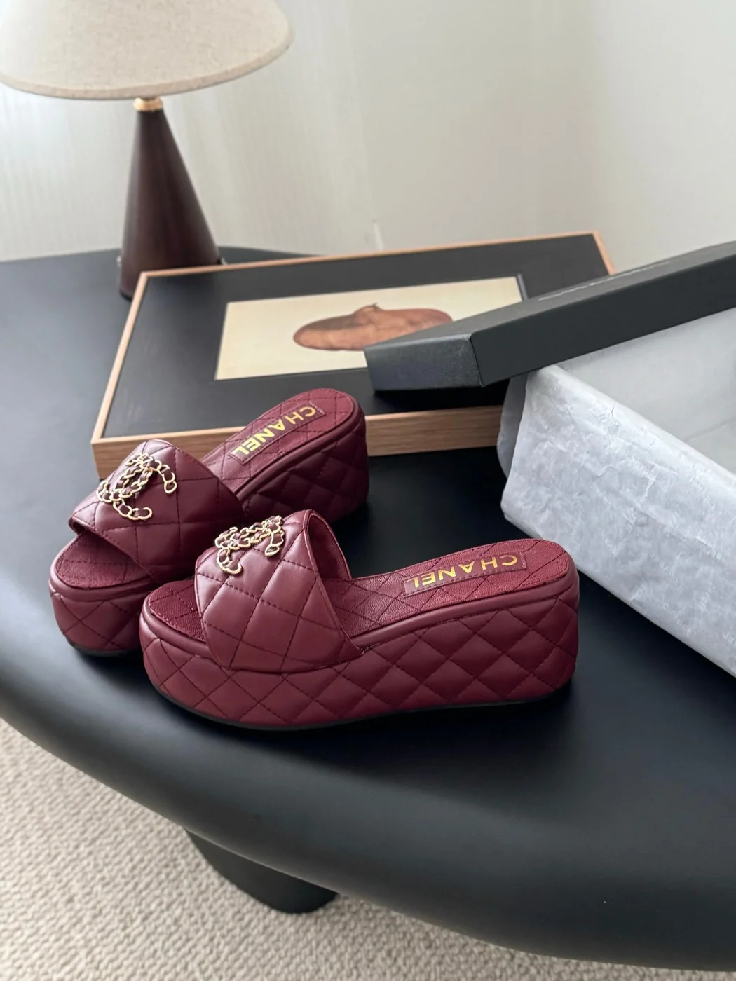 Chanel Women Burgundy Quilted Leather Slides — Chain-Woven CC Detail product view 2