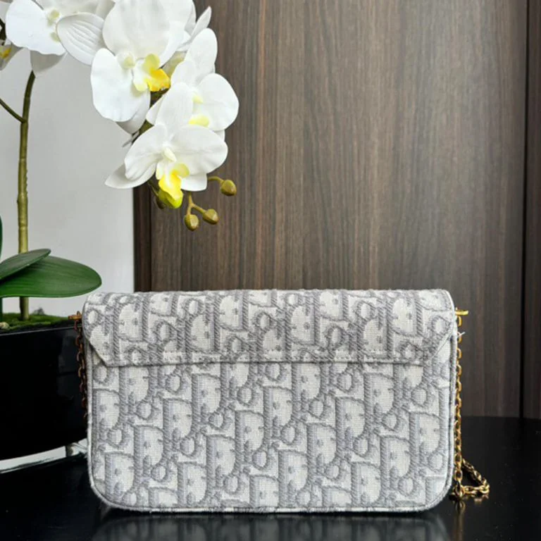 Dior Medium Saddle Pouch with Chain — Light Gray Oblique product view 3