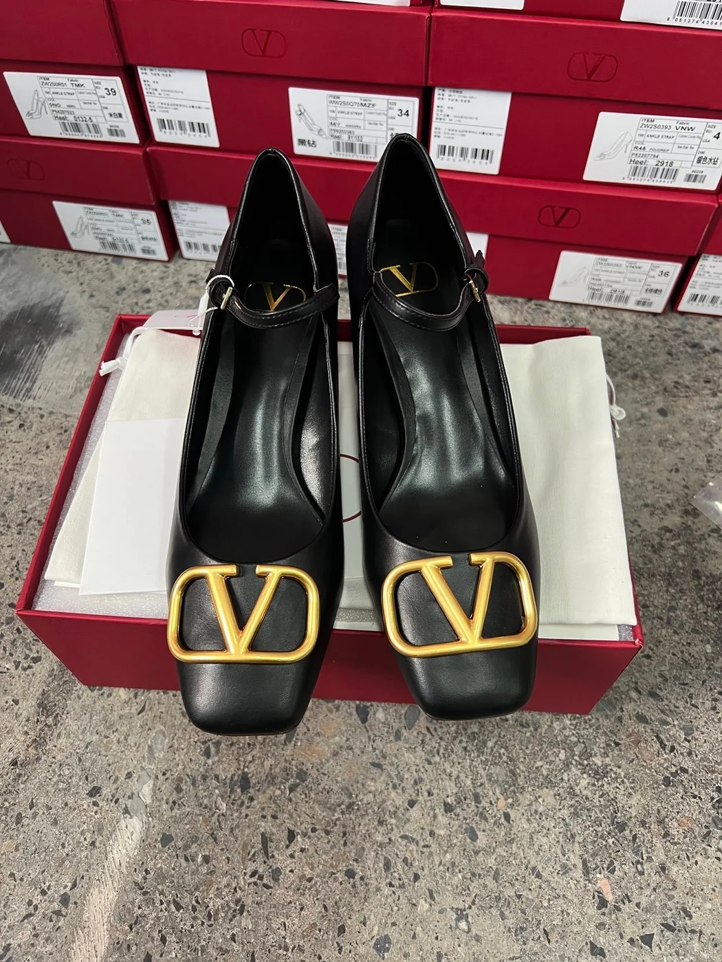 Valentino Women Black Mary Jane Heels with Gold-Tone VLogo Detail product view 3