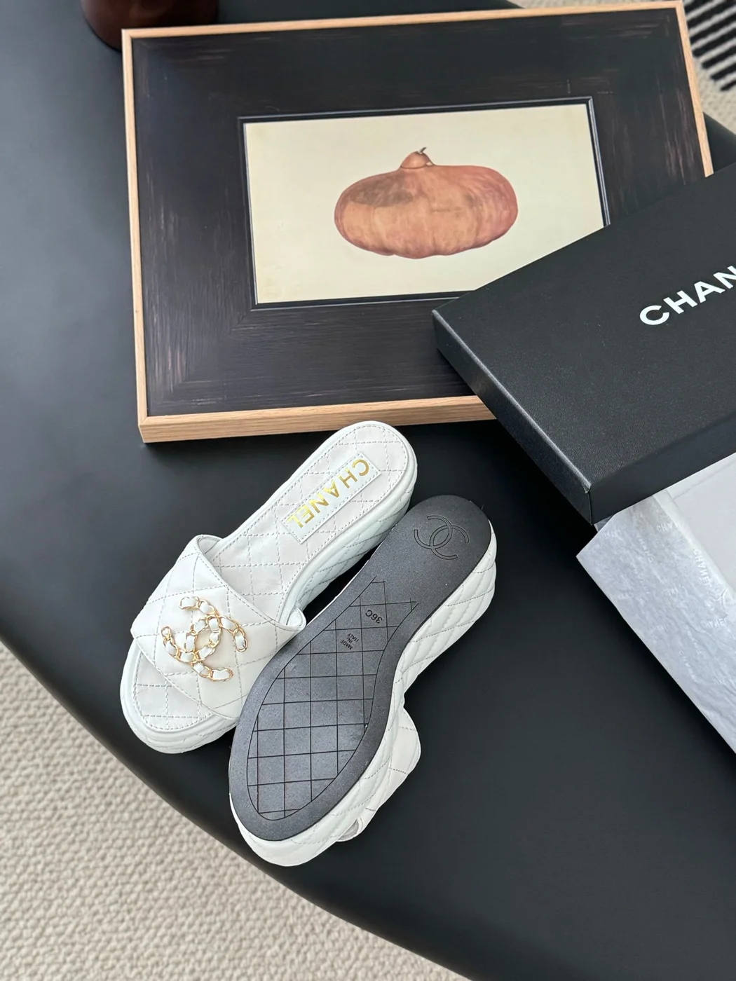 Chanel Women White Quilted Leather Slides — Chain-Woven CC Detail product view 4