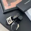 Chanel Women Beige Woven Fabric Black Leather Slides product view 5