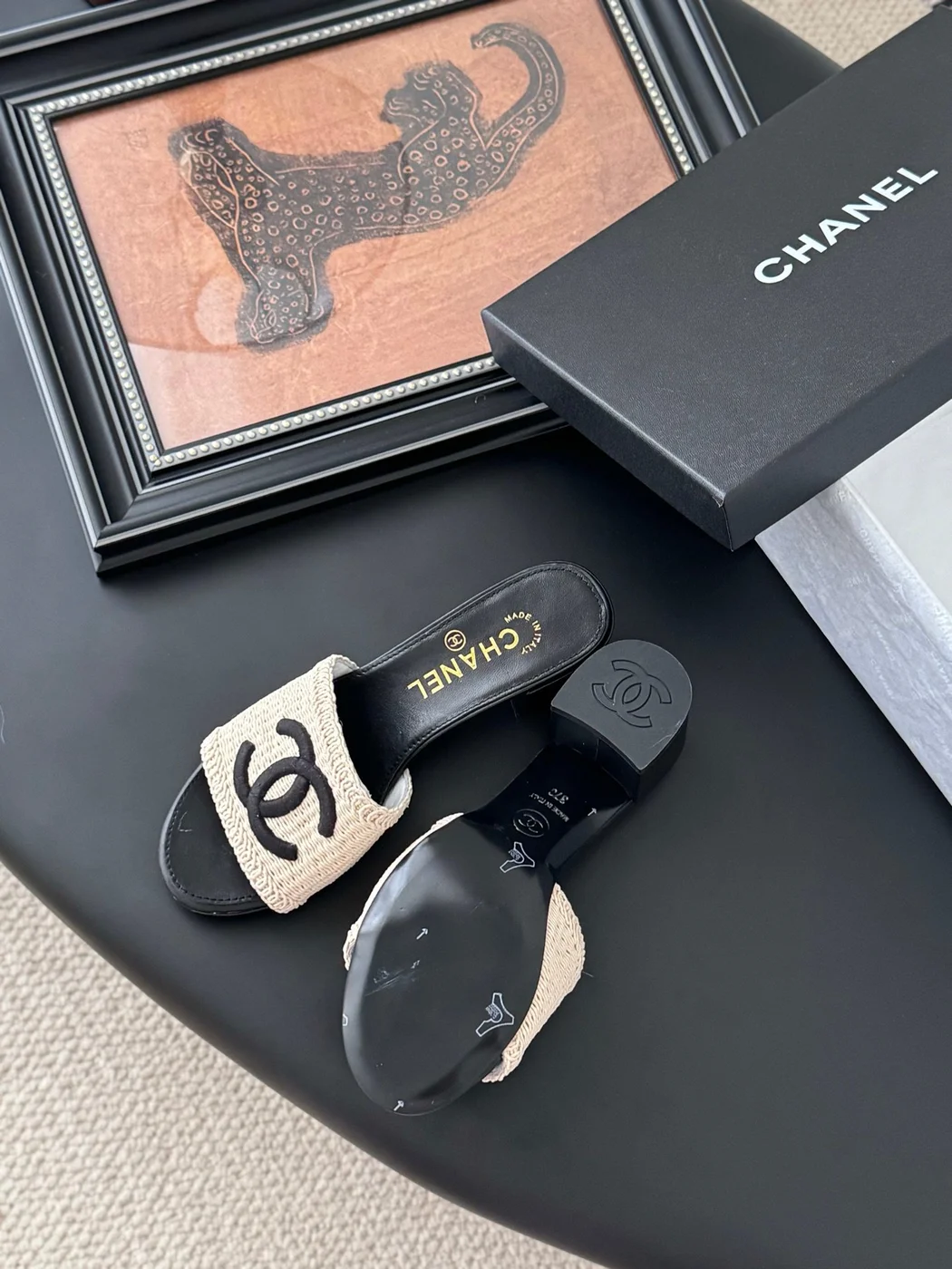 Chanel Women Beige Woven Fabric Black Leather Slides product view 5