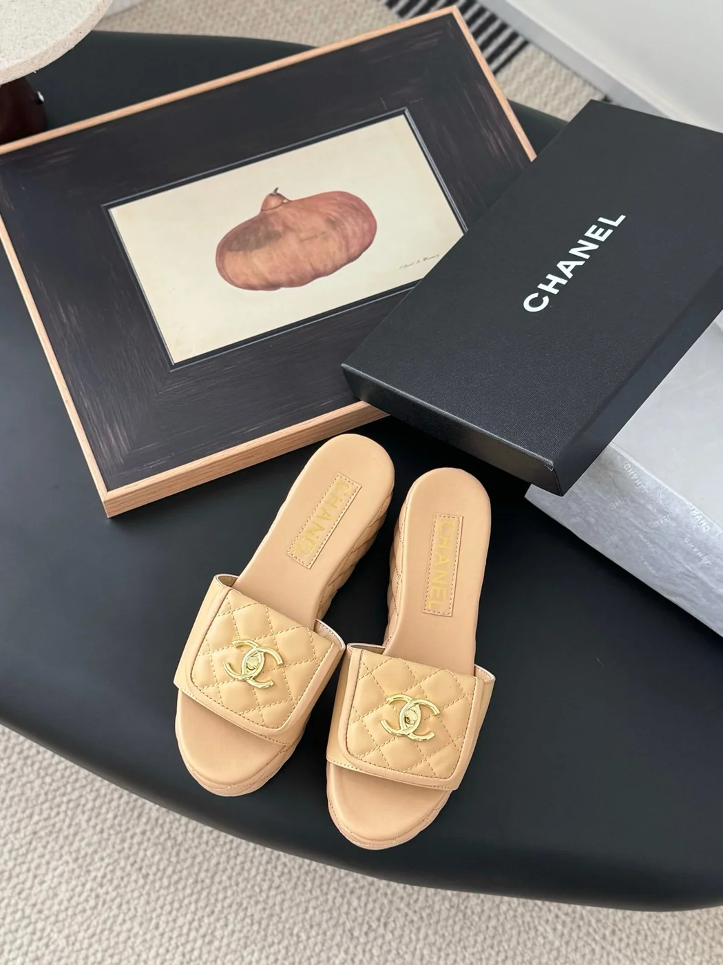 Chanel Women Beige Quilted Leather Slides — Gold-Tone CC Detail product view 1