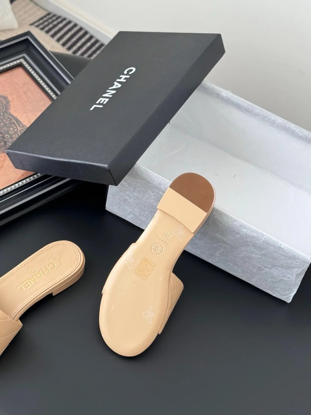 Chanel Women Beige Quilted Leather Slides — Tonal CC Detail product view 4