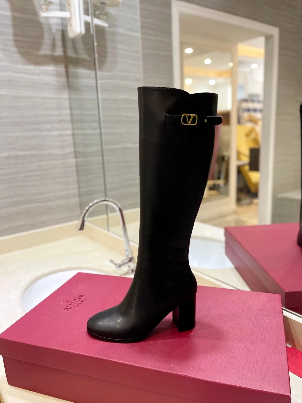 Valentino Women Black Leather Knee High Boots — Upper-Shaft Buckle Detail product view 6