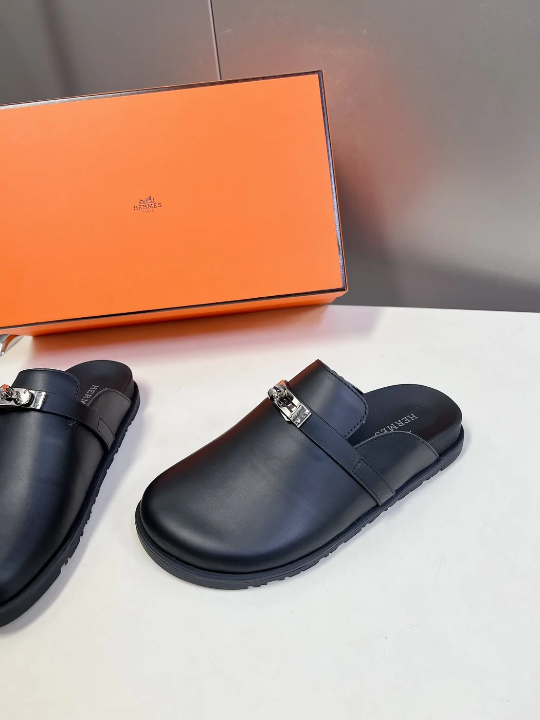 Hermès Women Black Leather Mules — Rounded Toe with Black Sole product view 4