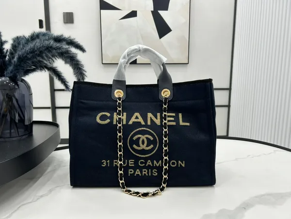Chanel Deauville Large 38 Tote Bag In Black Canvas With Gold Embroidered Logo product view 4