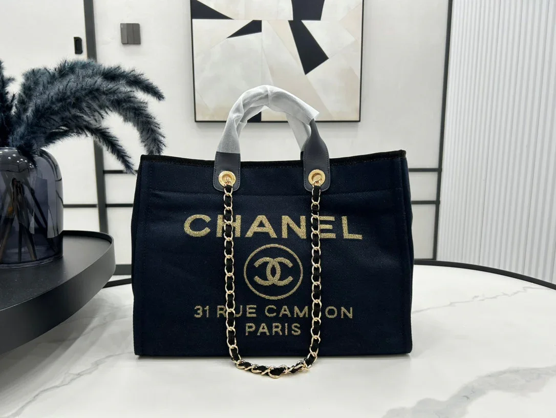 Chanel Deauville Large 38 Tote Bag In Black Canvas With Gold Embroidered Logo product view 4