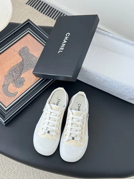 Chanel Women White Canvas Lace-Up Sneakers product photo