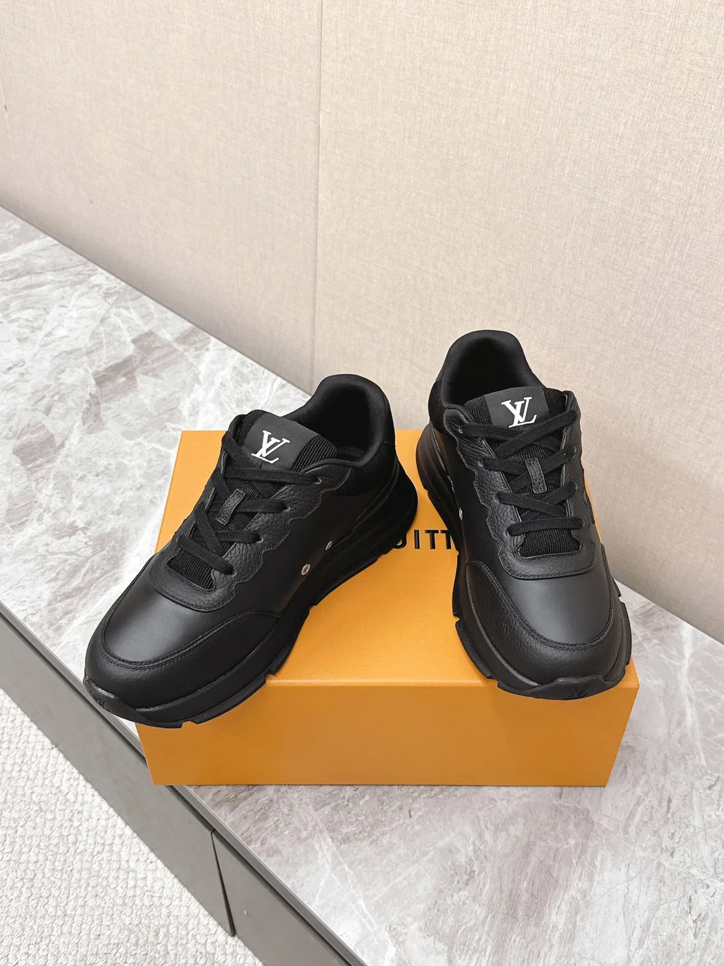 Louis Vuitton Women Black Leather Sneakers — Monogram Side Panels product view 6