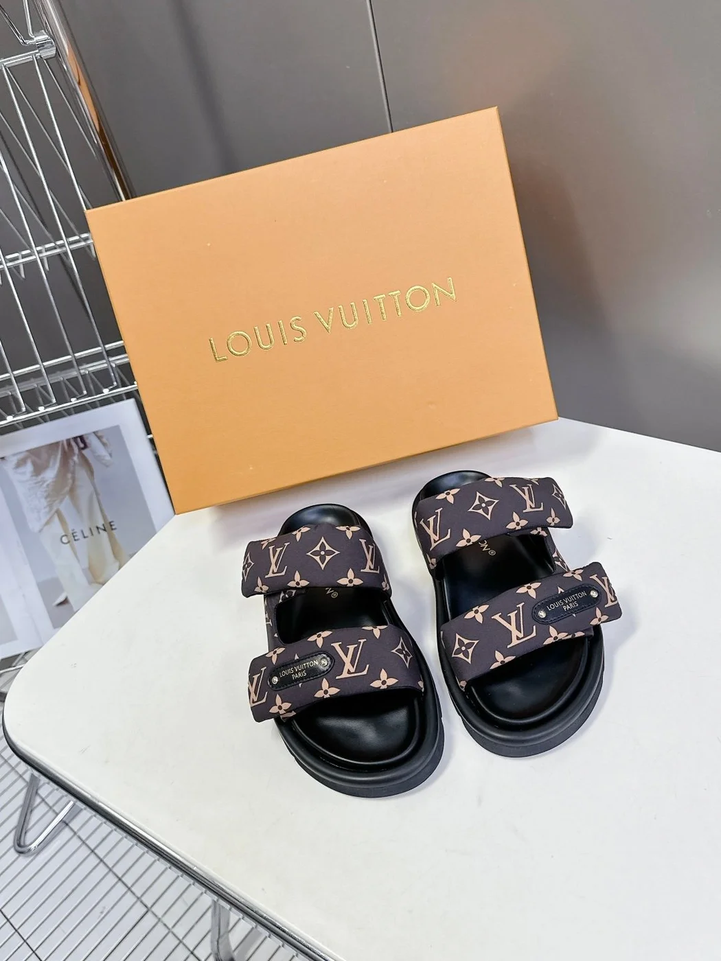 Louis Vuitton Women Black Brown Patterned Fabric Sandals product view 1