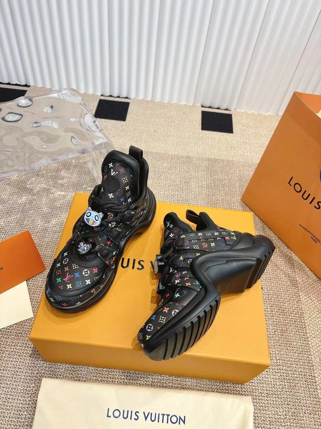Louis Vuitton Women Black Leather Multicolor Logo Sneakers product view 5
