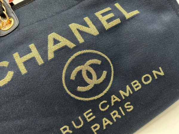 Chanel Deauville Large 38 Tote Bag In Black Canvas With Gold Embroidered Logo product view 3