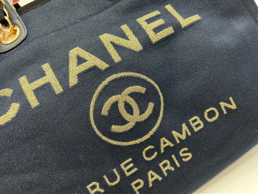 Chanel Deauville Large 38 Tote Bag In Black Canvas With Gold Embroidered Logo product view 3