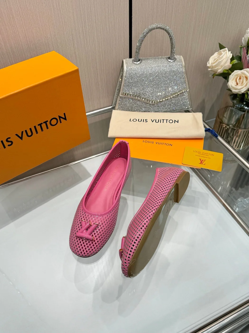 Louis Vuitton Women Pink Mesh Leather Ballet Flats product view 5