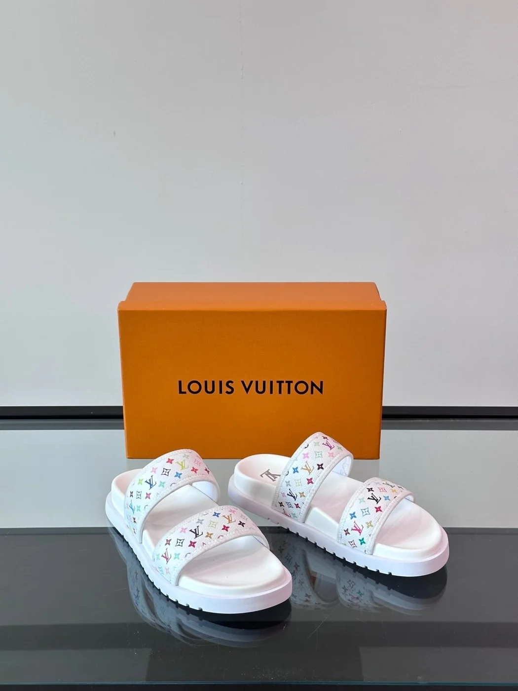 Louis Vuitton Men White Canvas Multicolor Logo Slides product view 6
