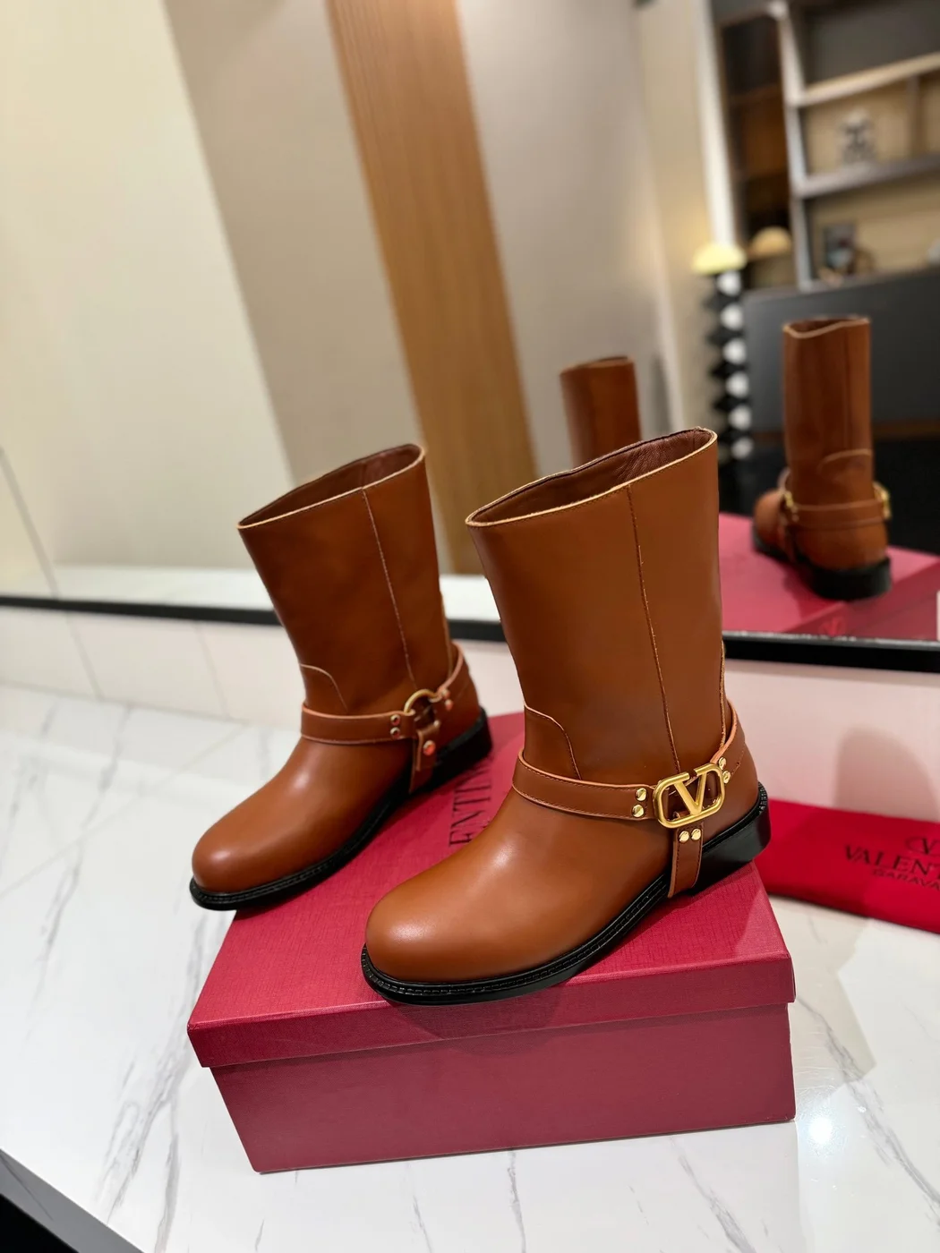 Valentino Women Brown Leather Mid-Calf Boots product view 3