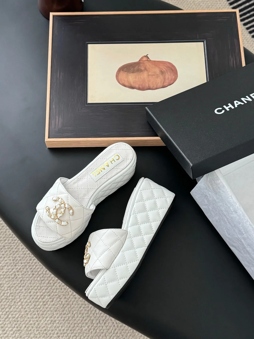 Chanel Women White Quilted Leather Slides — Chain-Woven CC Detail product view 3