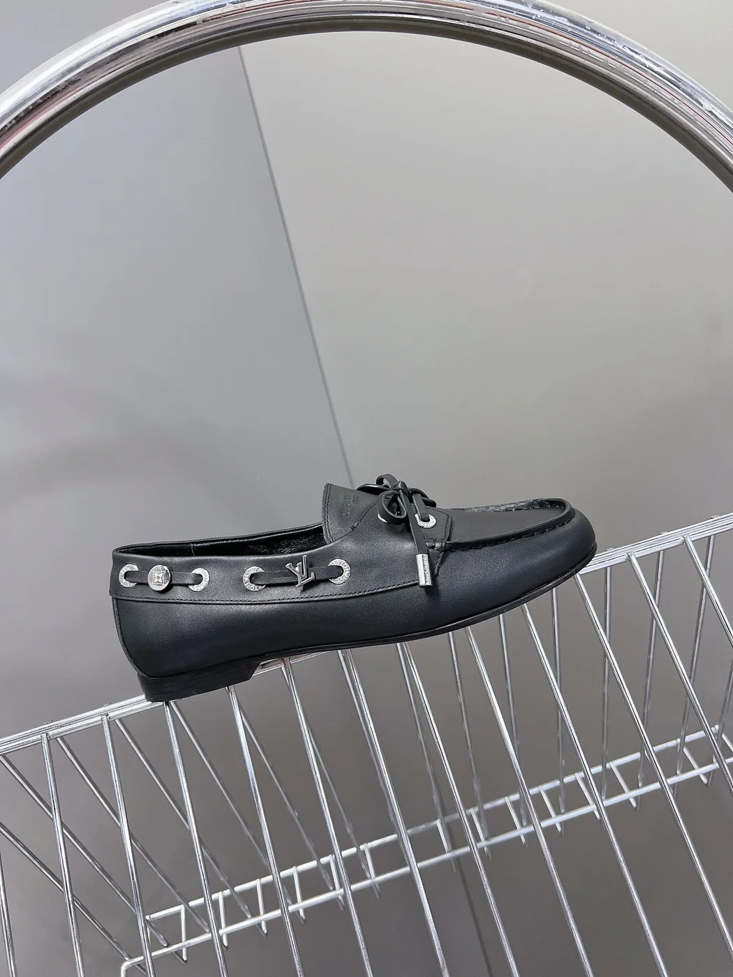 Louis Vuitton Women Black Leather Loafers — Metal-Bar Detail product view 6