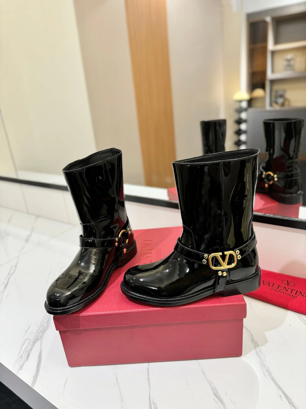 Valentino Women Black Patent Leather Boots — VLogo Ankle-Strap Style product view 2