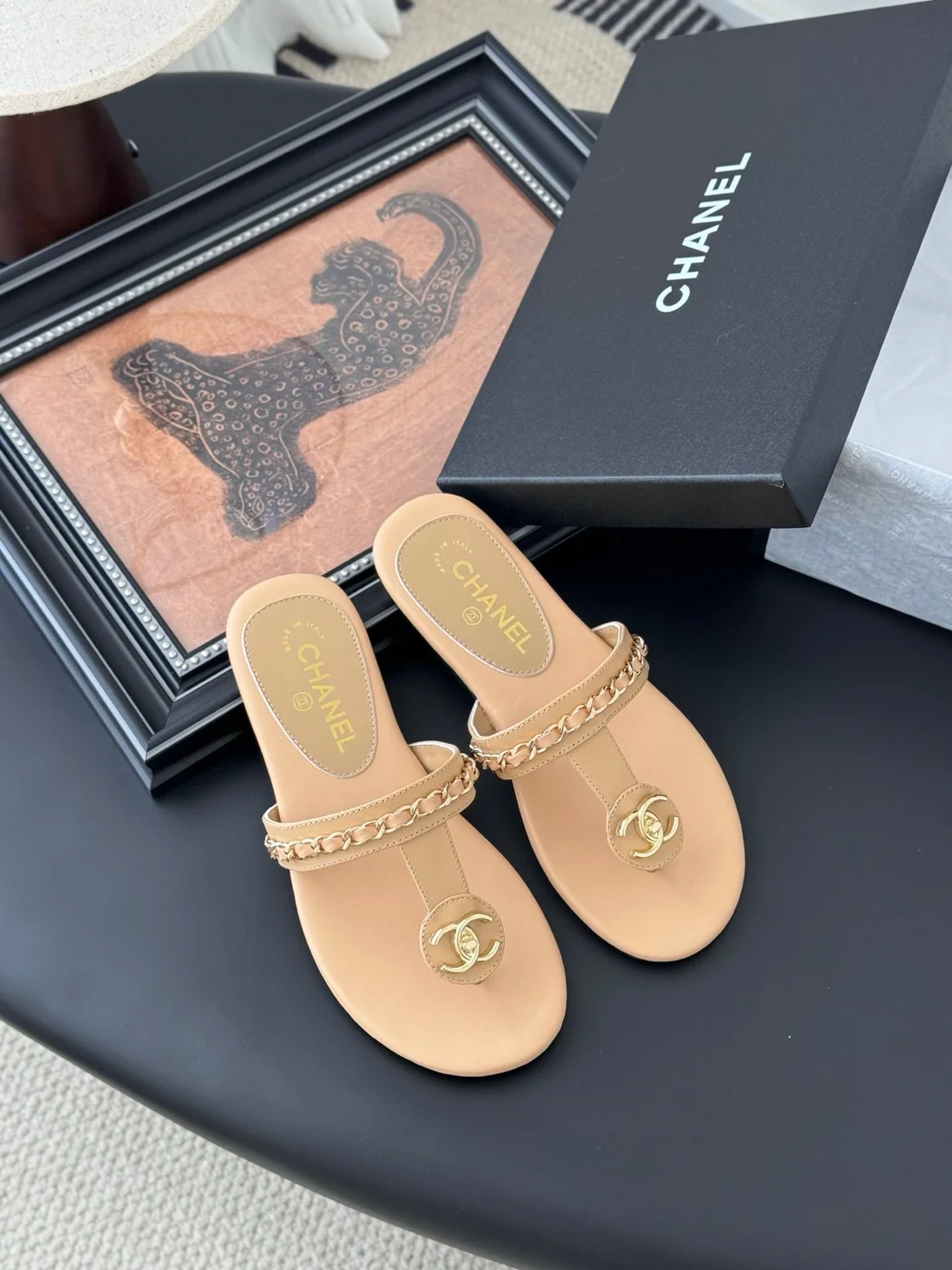 Chanel Women Beige Sandals — Chain-Detail T-Strap product view 6