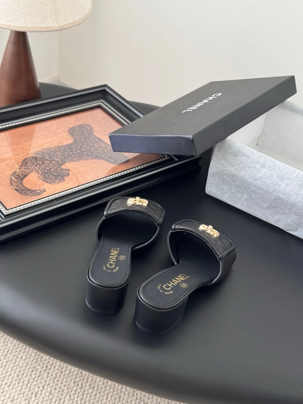 Chanel Women Black Quilted Leather Slides — Chain-Woven CC Detail product view 3