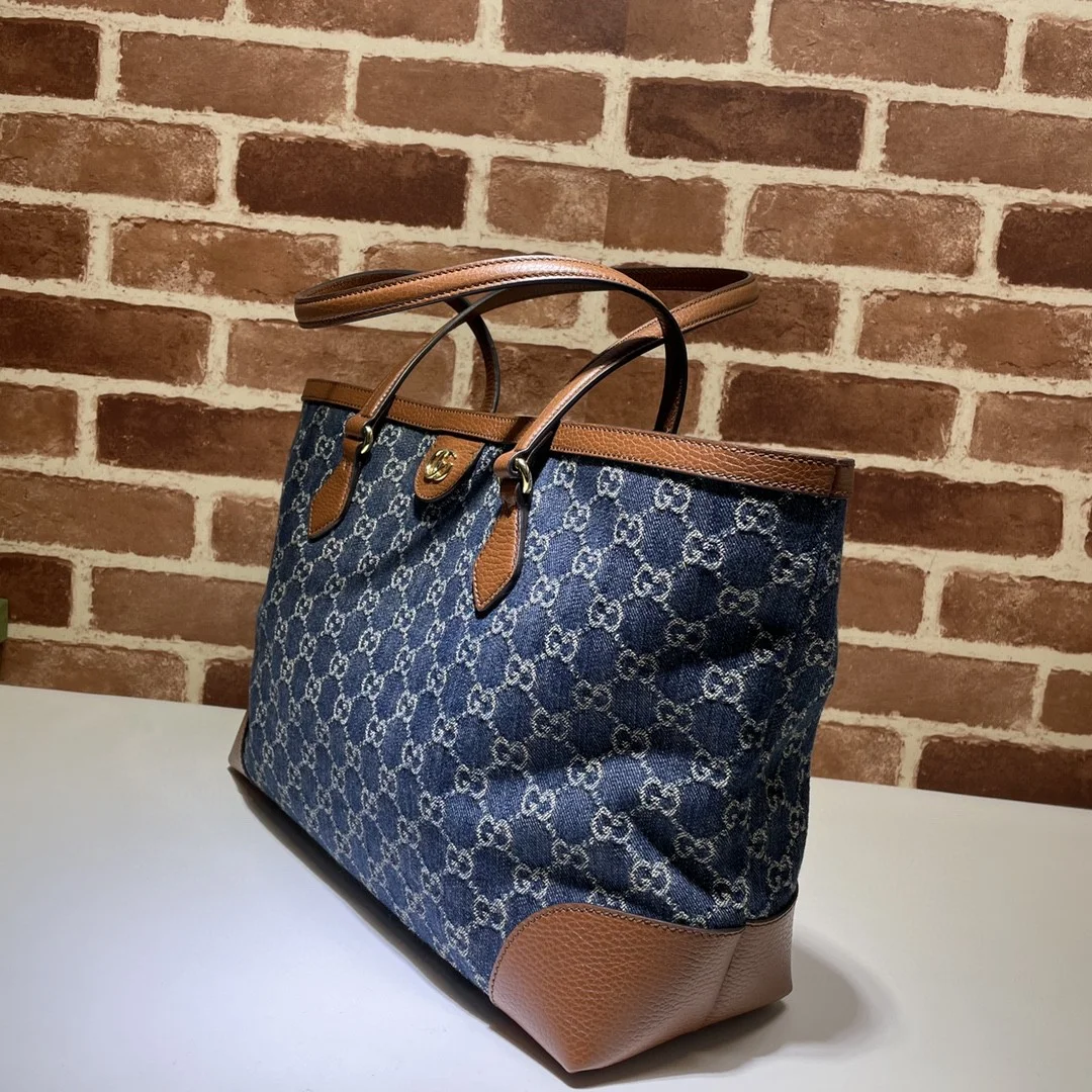 Gucci Medium Tote GG Denim Bag Brown Navy blue Leather product view 2