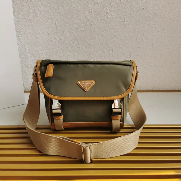 Prada Messenger Bag 20 In Khaki Green Re-Nylon And Brown Calfskin Trim product photo