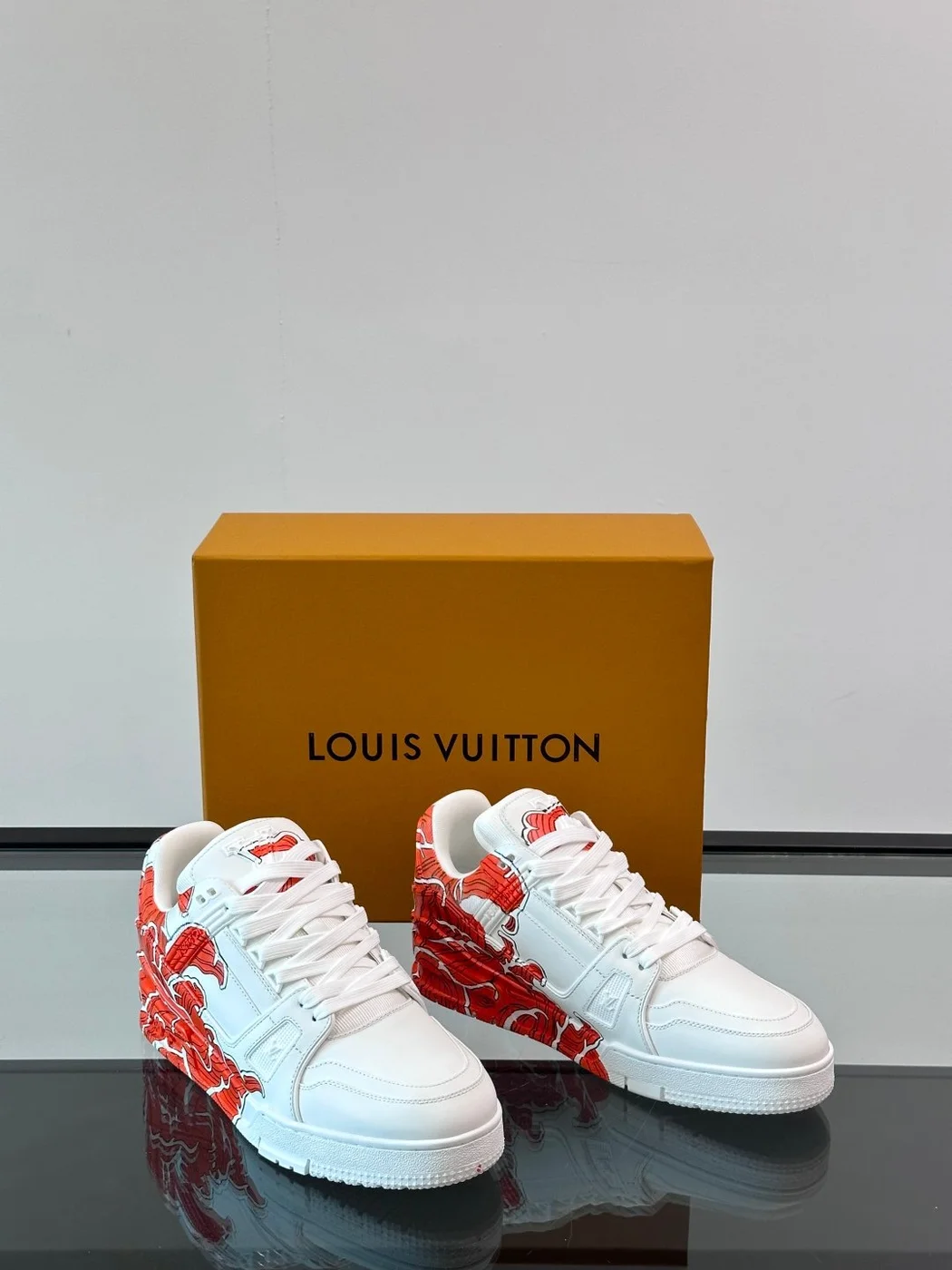 Louis Vuitton Men White Leather Sneakers With Red Floral Design product view 5