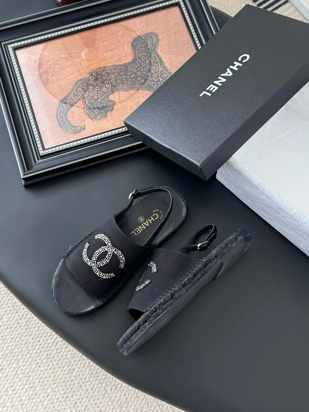 Chanel Women Black Fabric Logo Embellished Sandals product view 4