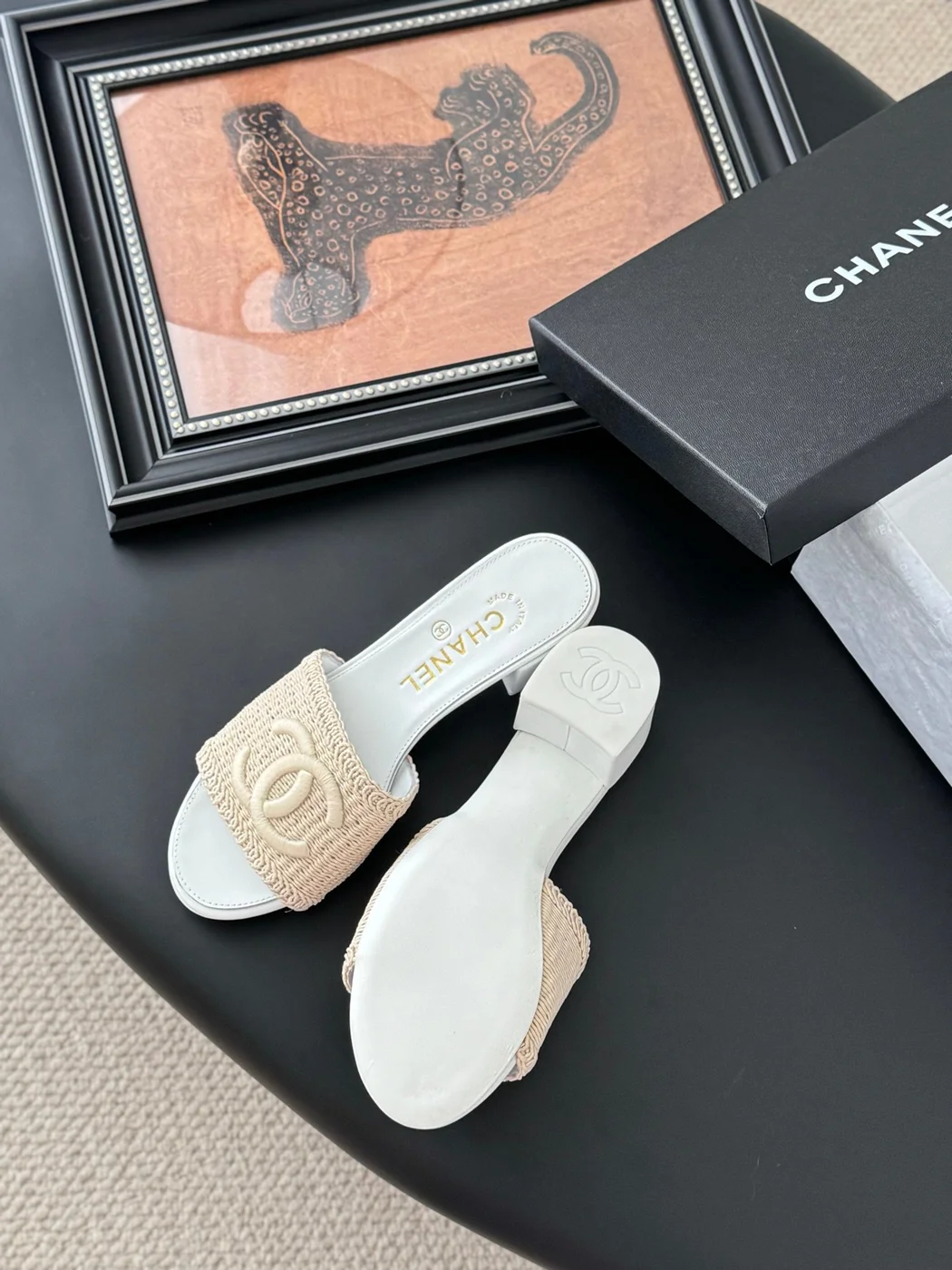 Chanel Women Woven-Fabric Slides — Beige with White Heeled Sole product view 5