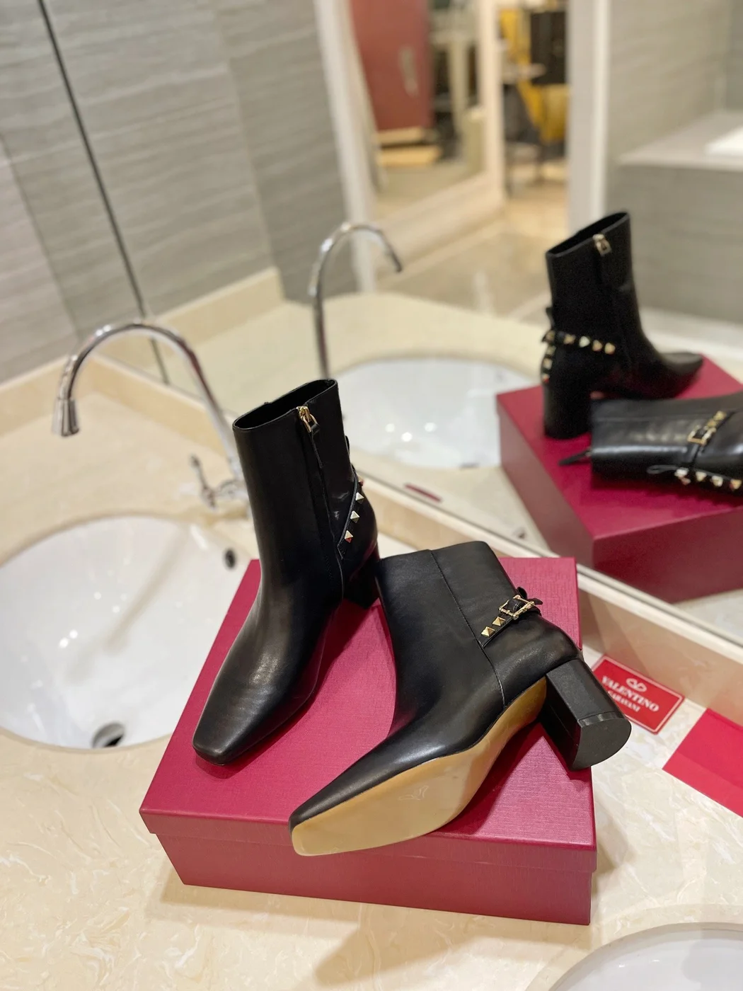 Valentino Women Black Leather Studded Ankle Boots — Studded Side Detail product view 6