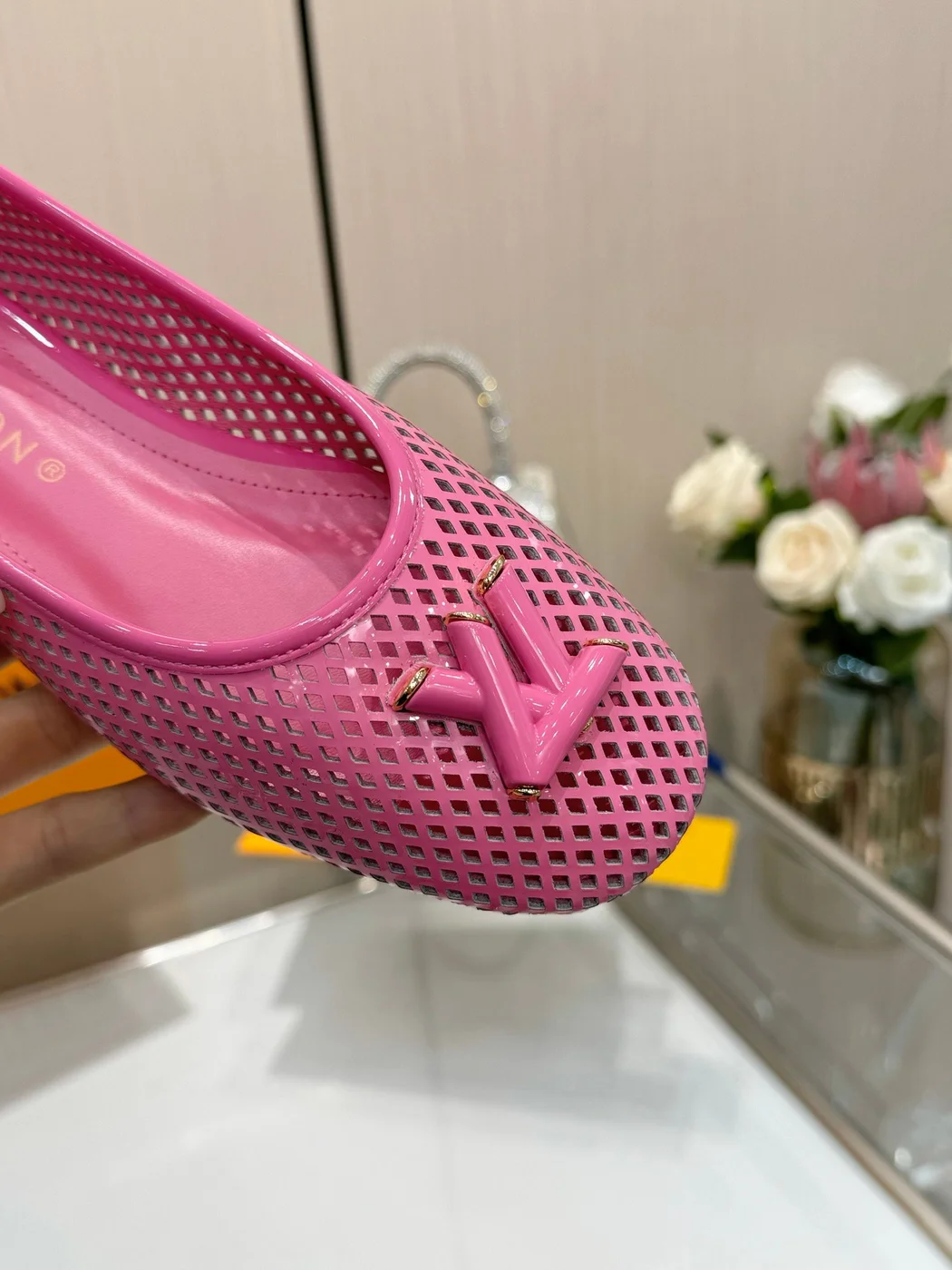 Louis Vuitton Women Pink Mesh Leather Ballet Flats product view 2