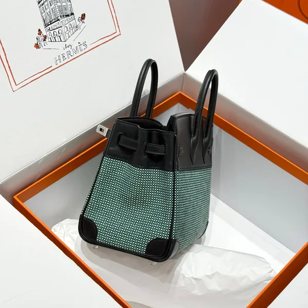 Hermès Birkin 25 cm In Black Swift Black/Mint/Blanc Toile Canvas (Custom-Made) Bag product view 3