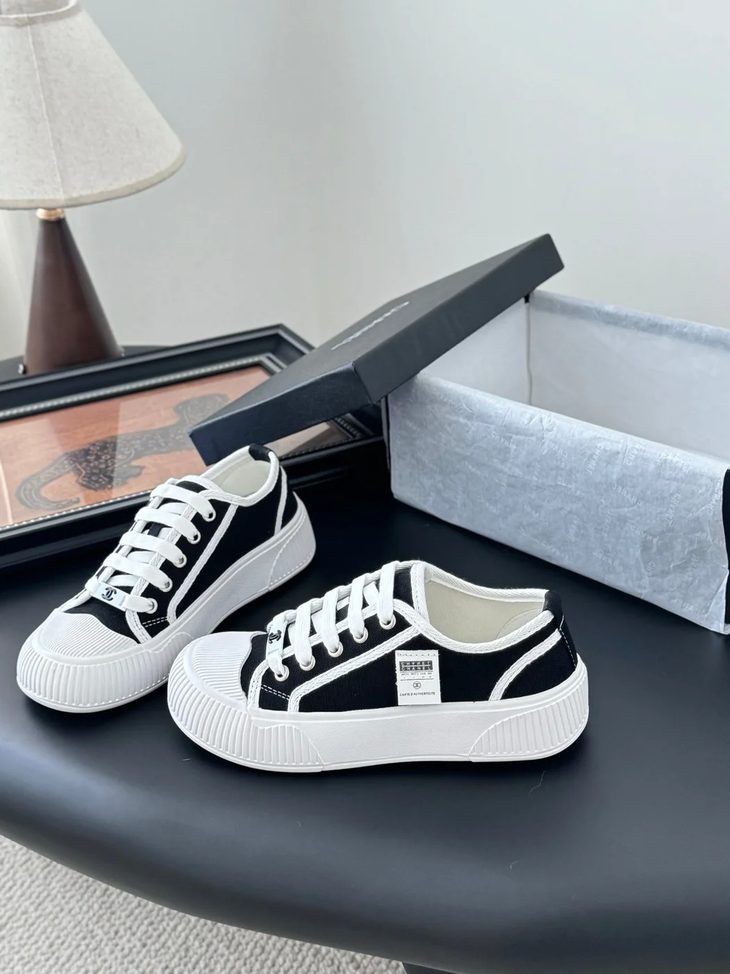 Chanel Women Black Canvas White Trim Sneakers product view 2
