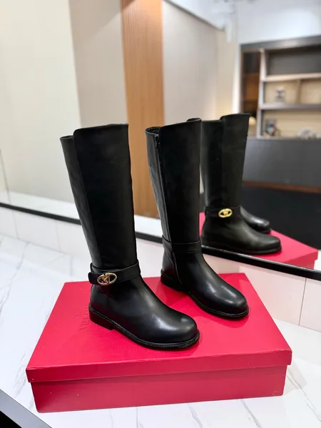 Valentino Women Black Leather Knee High Boots — Low-Heel Ankle-Strap Style product photo