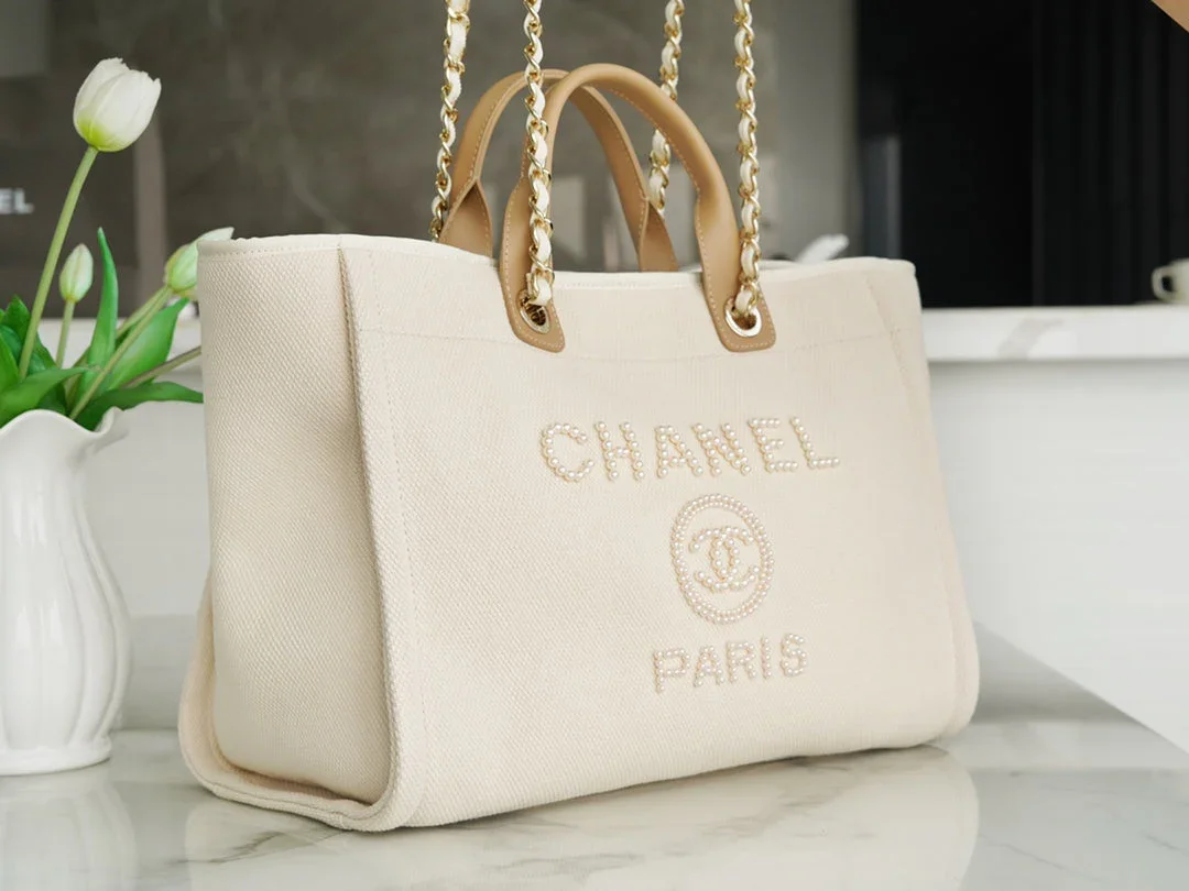 Chanel Tote Bag 39 Attached Pearl Logo In Beige Canvas Gold Hardware product view 6