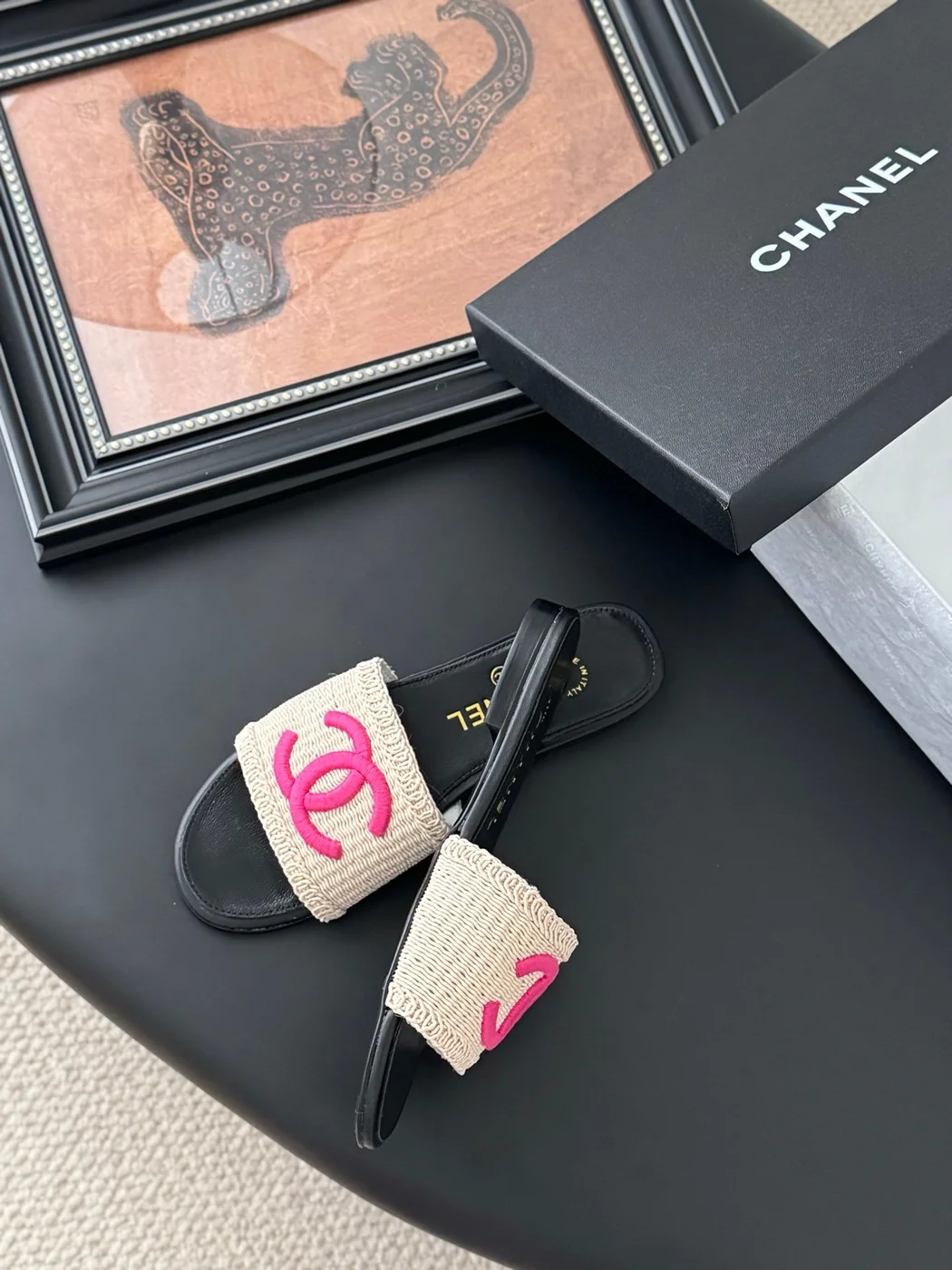 Chanel Women Black Leather And Beige Fabric Slides product view 3