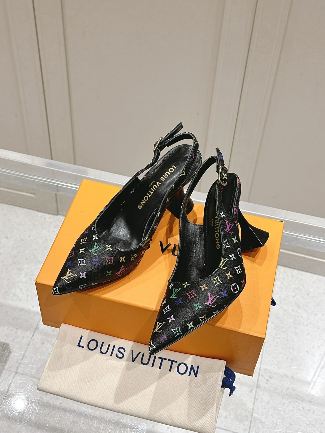 Louis Vuitton Women Black Patterned Leather Heels — Multicolor Pattern product view 3