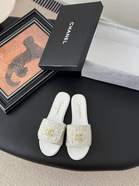 Chanel Women Beige Tweed Slides product photo