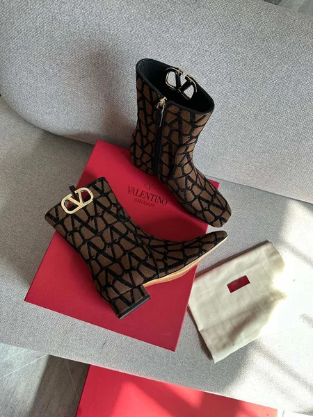 Valentino Women Brown Fabric Logo Pattern Boots product photo
